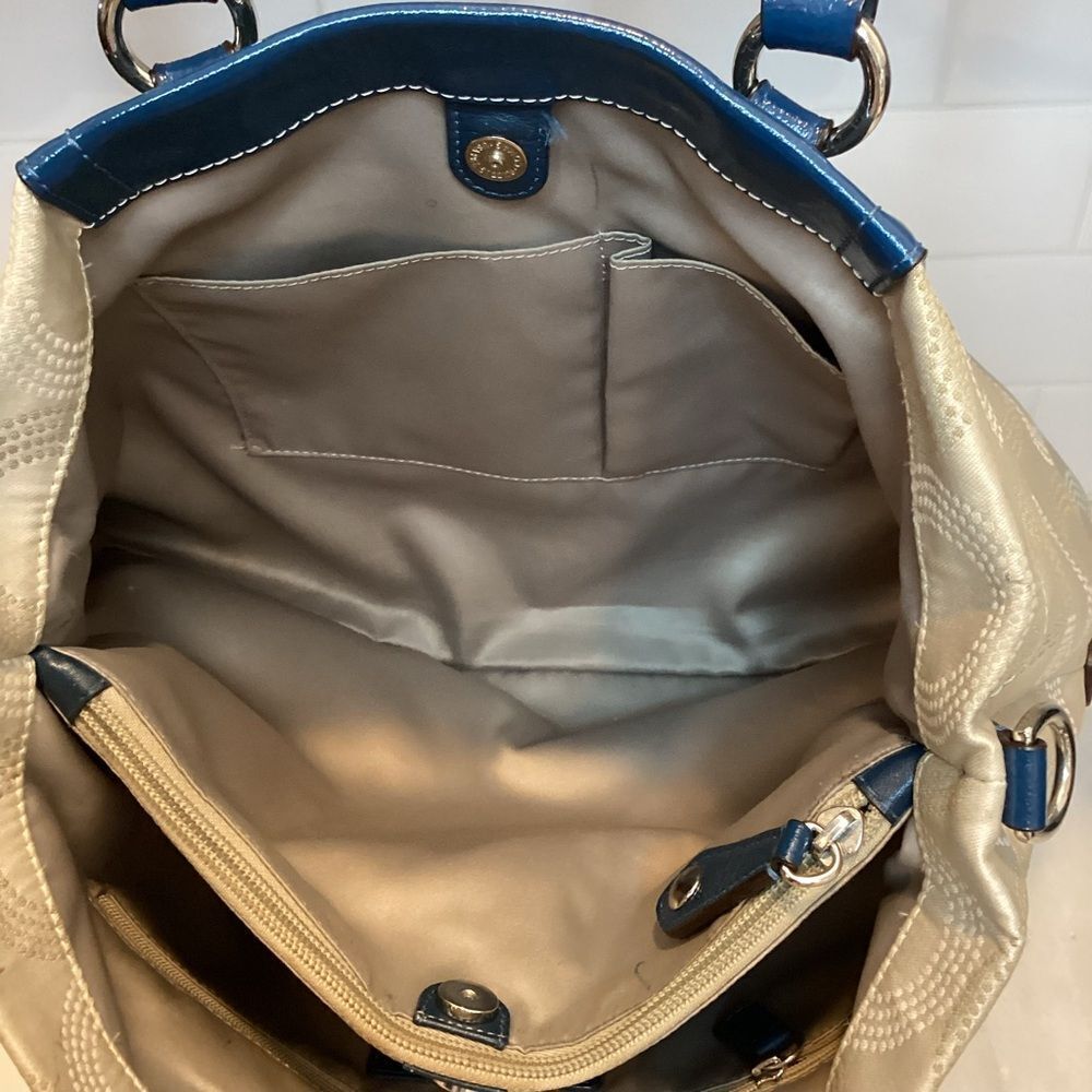 Coach Bag Purse Handbag Ashley Dotted OpArt Tan Blue Canvas Leather Carry All - Picture 14 of 14